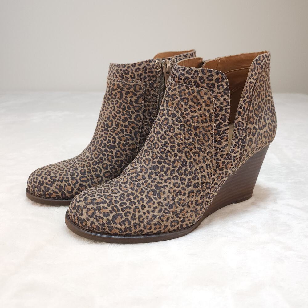 Leopard Cheetah Booties 6 Wedges Heeled Heels Animal Print Ankle Suede Boots